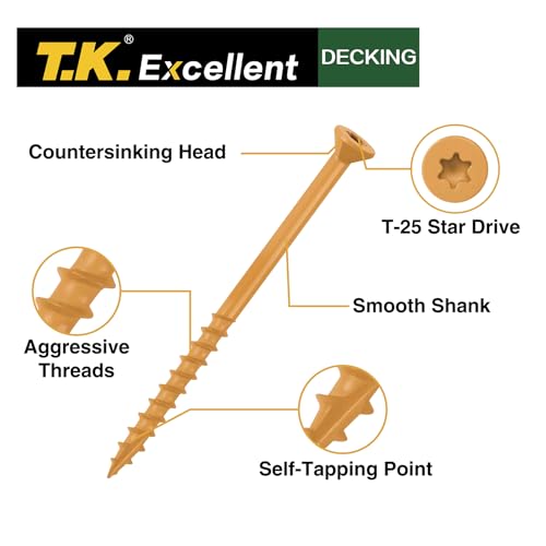 T.K.Excellent Deck Screws 3 Inch Wood Screws #10 x 3, 315 Pcs, Rust Resistant Structural Screws Tan Exterior Fence Screws Torx Drive Screw, Two T25 Bits, Brilliant Yellow Ruspert Coating Rust Proof - size: #10×3