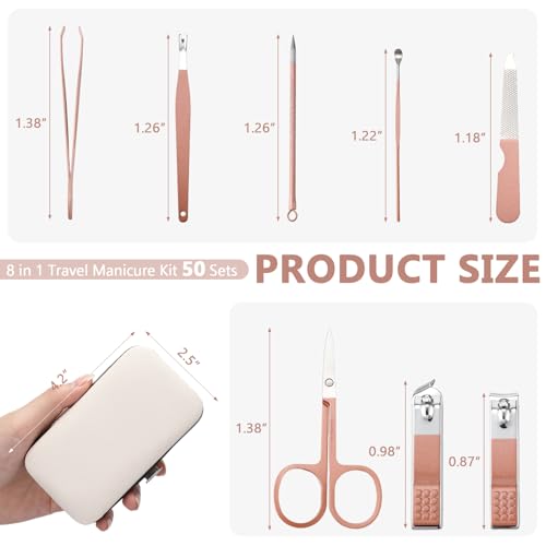 Geosar 50 Set 8 in 1 Travel Manicure Kit Bulk Professional Nail Clippers Pedicure Nail Care Tools Grooming Stainless Steel Set with Portable Travel Case, Gift for Valentine Men Women(Rose Gold) - color: Rose Gold