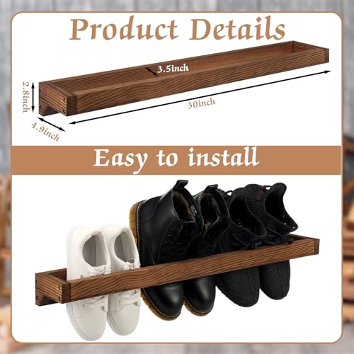 4 Pcs Wall Mounted Wooden Shoe Rack 30 Inch Rustic Wood Wall Hanging Shoe Rack Space Saving Footwear Holder Shoes Storage Organizer for Mudroom, Entryway, Closet (Burnt Wood) - color: Burnt Wood