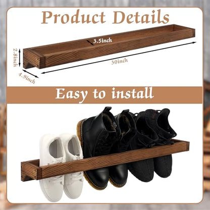 4 Pcs Wall Mounted Wooden Shoe Rack 30 Inch Rustic Wood Wall Hanging Shoe Rack Space Saving Footwear Holder Shoes Storage Organizer for Mudroom, Entryway, Closet (Burnt Wood) - color: Burnt Wood