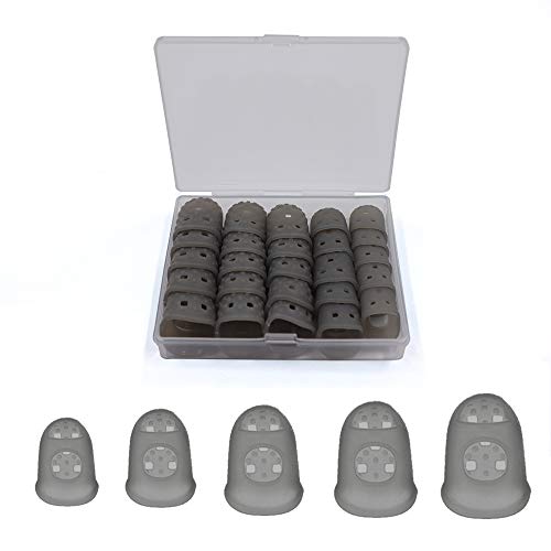 5 Sizes Guitar Fingertip Protector With Compact Box, Premium Silicone Guitar Finger Guards, Non-Slip Breathable Fingertip Protection Covers Caps for Sewing, String Instruments (Grey) - color: Grey