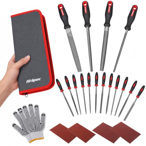 Hi-Spec Metal Hand and Small Mini Needle Steel File Set in a Carry Case | 16pc, varied profiles, shaping and deburring control, smooths edges, durable steel, zipper case, cleanup brush, quick setup - size: 16 pieces