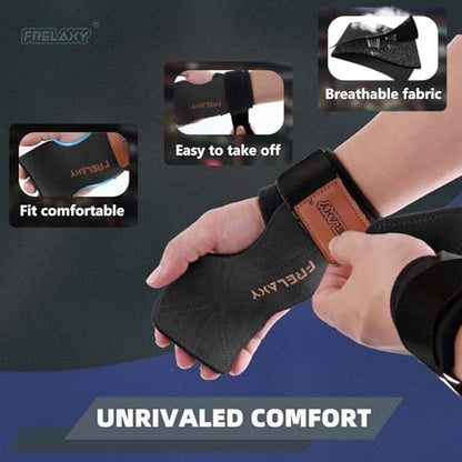 Frelaxy Lifting Wrist Straps for Women and Men, Weight Lifting Grips | Double-layer leather, Cushioned wrist support, Durable construction, Storage pouch, Deadlifts, rows, lat pulldowns - color: All Black