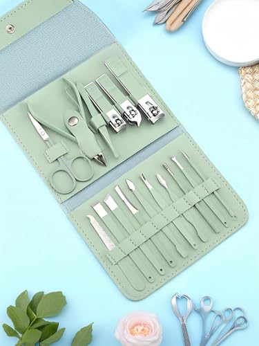 16-Piece Professional Manicure & Pedicure Kit - Comprehensive Nail Care Set with Stainless Steel Tools and Leather Case Green - color: Green