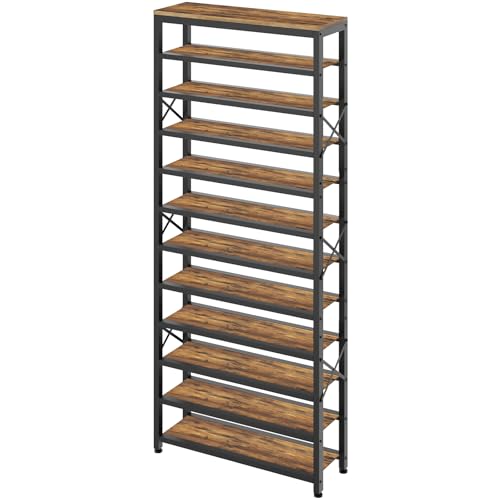 YATINEY 12-Tier Tall Shoe Rack Organizer, Wooden Shoe Storage for Closet Holds 48 Pairs, Sturdy Shoe Shelf with X-Shaped Metal Support, for Entryway, Bedroom, Rustic Brown and Black SS212BR - color: Rustic Brown + Black, size: 27.8" x 11" x 81.3"