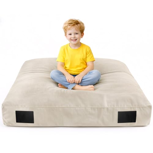 Crash Pad for Kids Sensory & Washable Velvet Cover | Autism Sensory Crash Pad & Crash Mat, Soft High Density Foam Landing Pad for Indoor Play & Sensory Gym, Gift for Children - color: Beige, size: 5x5 Feet