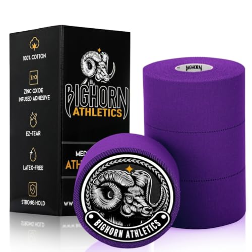 Bighorn Athletics Sports Tape 1.5-Inch x 45-Feet, 4 Rolls, Purple | Supports wrists & ankles in Volleyball, Football, Boxing, Gymnastics. EZ tear tape, Zinc oxide adhesive, peels off clean. - color: Purple, size: 1.5-Inch