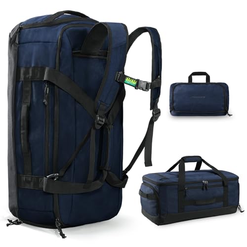 Haimont 60L Foldable Travel Duffel Backpack, Navy Blue | Shoe Compartment, Stowable Straps, U-Shaped Opening, Water-Resistant Build - color: Navy Blue