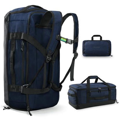 Haimont 60L Foldable Travel Duffel Backpack, Navy Blue | Shoe Compartment, Stowable Straps, U-Shaped Opening, Water-Resistant Build - color: Navy Blue