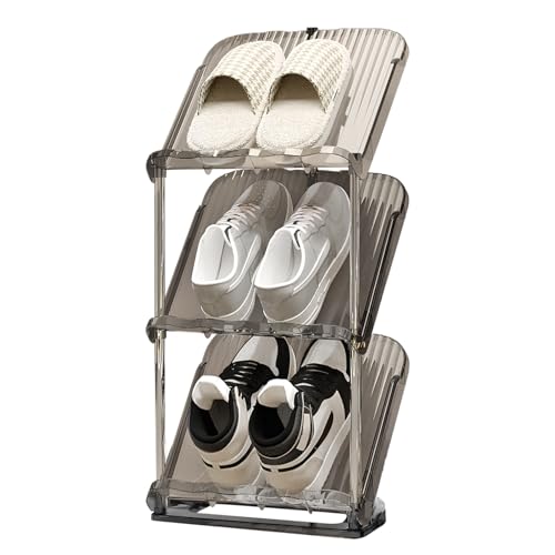 YYW Transparently Narrow Shoe Rack, Vertical Shoe Rack for Entryway Corner | Small Shoe Storage Organizer, Save Space Slim Shoe Shelf for Front Door Entrance, Easy To Assemble, PET Material - color: Grey, size: 3 Tier