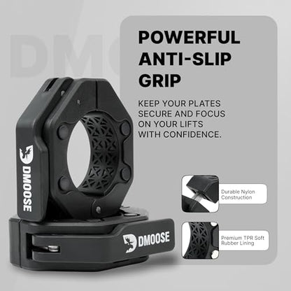 DMoose Fitness Barbell Clips 2 Inch (Pair) - Quick Release Olympic Barbell Clamps & Collars with Anti Slip TPR Grip for Secure Weightlifting and Powerlifting - Weight Clips for Bars at Home or Gym - color: Black V2, style: Non Magnetic