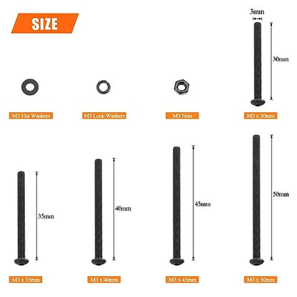 HELIFOUNER 400 Pieces M3 x 30mm /35mm /40mm /45mm /50mm, Button Head Socket Cap Metric Screws Bolts Washers Nuts Kit, 10.9 Grade Alloy Steel, Fully Threaded, Black - size: M3 x 30/35/40/45/50mm, style: Button Head