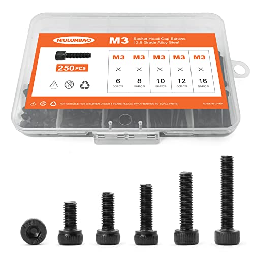 M3 x 6mm 8mm 10mm 12mm 16mm Hex Socket Head Cap Screws Bolts, 12.9 Grade Alloy Steel, Black Oxide Finish, Metric Allen Hex Drive, Machine Fully Threaded, Assortment Kit 250PCS - size: M3 x 6/8/10/12/16mm (250PCS)