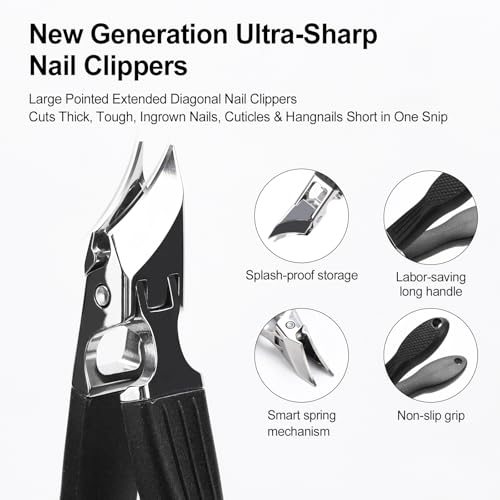 Eagle Beak Nail Clippers for Ingrown & Thick Nails – Beveled/Slanted/Angled Blades, Long Handle Wide Jaw, Anti-Splash Ultra Sharp Stainless Steel Edge 3-Piece Set for Men/Women (Black) - color: Black