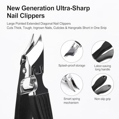Eagle Beak Nail Clippers for Ingrown & Thick Nails – Beveled/Slanted/Angled Blades, Long Handle Wide Jaw, Anti-Splash Ultra Sharp Stainless Steel Edge 3-Piece Set for Men/Women (Black) - color: Black