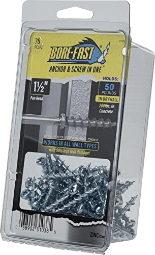 Hillman Borefast Drywall Screw Anchors, 1-1/2in, 75 Pieces, Silver | Zinc finish, Phillips pan head self-drills into drywall wood and metal, For hanging fixtures with reusable anchor support