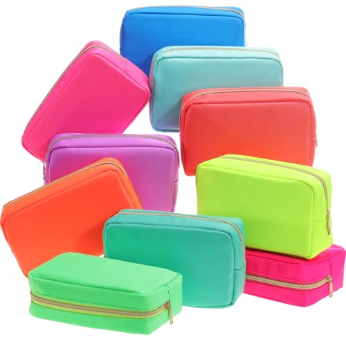 Sweetude 10 Pcs Nylon Makeup Bag Travel Cosmetics Pouch Zipper Pouch Purse Toiletry Bag Big Capacity Makeup Organizer for Women Girls Waterproof Travel Skincare Case(Neon Color) - color: Neon Color