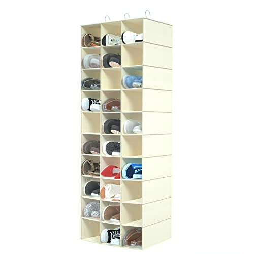 30 Section Hanging Shoe Organizer for Closet, Beige | Hanging Closet Organizer and Storage for Wardrobe, Dorm, Bedroom, Space Saving Foldable Clothes Shelf with Sturdy Hooks - color: Beige