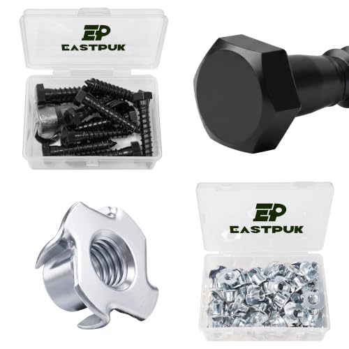 EASTPUK (10Sets) 3/8" x 2" Hex Head Lag Screws & 50PCS 3/8-16 T-Nuts Zinc Plated Steel Nutserts, 4-Pronged Tee Nut for Wood, Heavy Duty Lag Bolts with Washers, Rock Climbing Holds 3/8-16 T Nuts