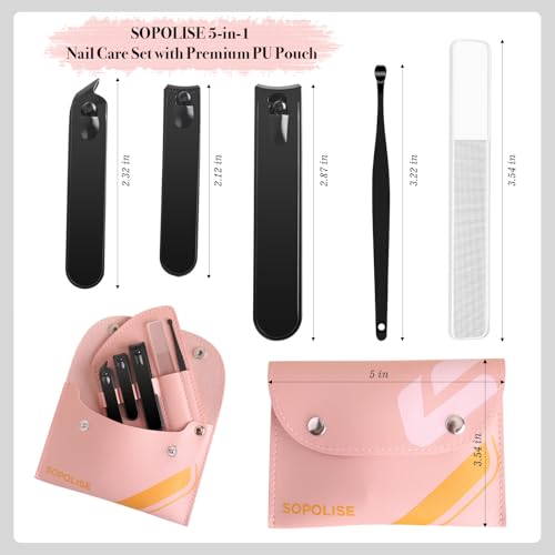 Manicure Set, 5 Piece Nail Care Kit with Carbon Steel Tools (Cuticle Nipper, Small & Large Nail Clippers, Ear Pick, Glass File), Portable Grooming Pouch, Manicure Set Nail Clippers(Pink) - color: Pink