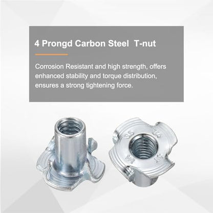 HARFINGTON 1/4x14mm T-Nuts 4 Pronged Tee Nut 0.68" x 0.55" Fully Thread Carbon Steel Inserts for Wood, Rock Climbing Holds, Cabinetry, Furniture 50pcs - size: 1/4" x 0.55" x 0.68" x 0.55"