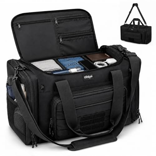 Tactical Gym Bags for Men, Travel Duffle Bag with Dividers, Black | 45L, 900D Oxford, Insulated Cooler Pocket, Wet/Dry Storage, Airline Carry-On Compatible, for Sports and Weekender Overnight - color: Black