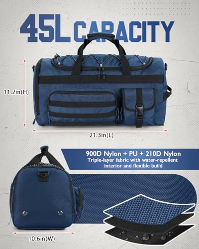 Gonex 45L Duffel Bag for Men, 3 in 1 Convertible Carry Gym Duffle with Shoe Compartment, Tactical Gear Loops, Water-Repellent Lining, Workout & Travel Bag (Dark Blue) | Shoe compartment, Tactical gear loops, Water-repellent lining, 5 zip pockets, Weekend