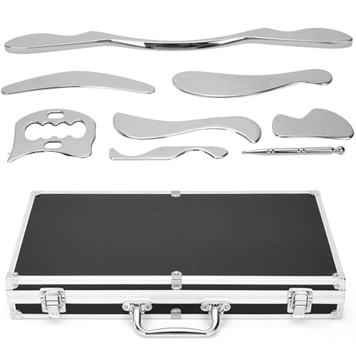 8 in 1 Stainless Steel Gua Sha Muscle Scraper Massage Tool Set IASTM Tools Portable Scraping Tool Physical Therapy Great Soft Tissue Mobilization with Carrying Case - size: 8 Piece Set