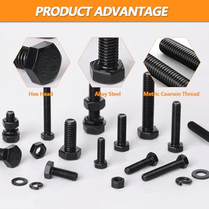 448 PCS Metric M5 M6 M8 Heavy Duty Hex Cap Bolts and Nuts Flat & Lock Washers Assortment Kit, 8.8 Grade Alloy Steel Black Metric Fully Thread Hexagon Allen Machine Bolt, 12 Most Common Sizes - style: Hex Head Cap - Kits