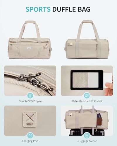 ECOHUB 40L Gym Bag for Women Men Water Resistant Sports Duffle Bag with Shoe Compartment & Wet Pocket, Travel Weekender Camping Backpack - color: Beige