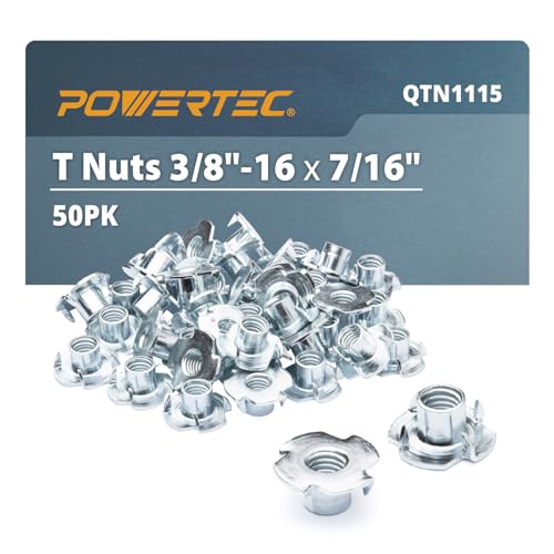 POWERTEC 3/8"-16 T Nuts 50 Pcs, 4 Pronged Tee Nuts for Bolts and Stem Caster Wheels, Threaded Inserts for Wood Working, Rock Climbing Holds and Furniture, for Use with Hammer | 7/16" Length (QTN1115) - size: 7/16", style: 3/8"-16