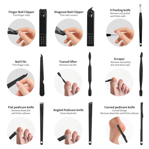 Professional Manicure & Pedicure Set 20-Piece - Stainless Steel Nail Care Tools with Luxury Leather Travel Case (Black)