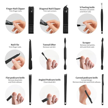 Professional Manicure & Pedicure Set 20-Piece - Stainless Steel Nail Care Tools with Luxury Leather Travel Case (Black)