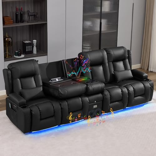 IPKIG Power Recliner Sofa with Flip-Up Backrest Console, USB & USB-C Ports, AC Outlet, LED Lights, Wall Hugger Recliners for Living Room, RV (Black, 110.9" - 5 Seat) - color: Black, size: 110.9" - 5 Seat