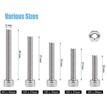 DYWISHKEY 70 Pieces M5 x 20mm/25mm/30mm/35mm/40mm Stainless Steel 304 Hex Socket Head Cap Bolts and Nuts Kit