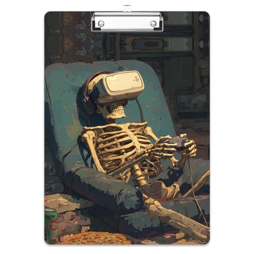 Rimilak Wood Clipboard, 8.5x11 Hardboard Clip Board, Game Skeleton | Fun Design, Cute Custom Pattern, 9 x 12.5 in Letter Size for Classroom, Teachers, Kid, Woman, School & Office Supply - color: Game Skeleton