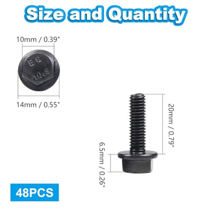 M6-1.0 x 20mm Flanged Hex Head Bolts Flange Hexagon Screws, External Flange Hex Drive Screws,Class 10.9 Black Finish,Alloy Steel, Fully Threaded, 48 PCS - size: M6x20mm