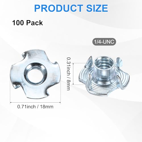 M METERXITY 100-Pack 1/4-UNC T-nut, 5/16" Barrel Length Carbon Steel 4-Pronged Tee Nut Threaded Insert for Wood/Rock Climbing Holds/Furniture, Corrosion Resistant Fasteners - size: 1/4-UNC, 5/16" Barrel Length