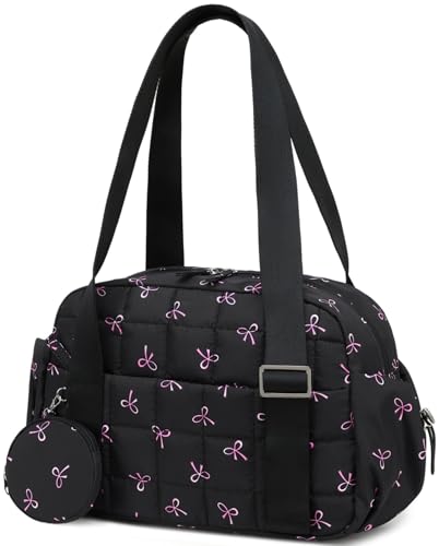 CAMTOP Mini Gym Bag for Women, Small Gym Tote Bag Puffy Quilted Sports Duffel Bag with Wet Compartment and Coin Purse Duffel Bags Dance Yoga Workout Bag for Gifts (Black Pink Bow, Mini-12.6") - color: Black Pink Bow, size: Mini-12.6"