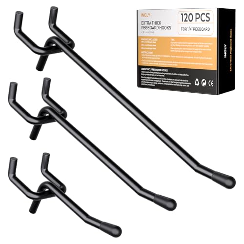 INCLY 120 Pack 2/4/6 Inch Black Pegboard Hooks, 1/4" Heavy Duty Peg Board Shelving Hooks Accessories, Peg Board Tool Hangers Fit 1/4" Pegboard Hanging Tools Garage, Crafts Organizing, Kitchen, Store - color: Black, size: 2/4/6inch-120pcs
