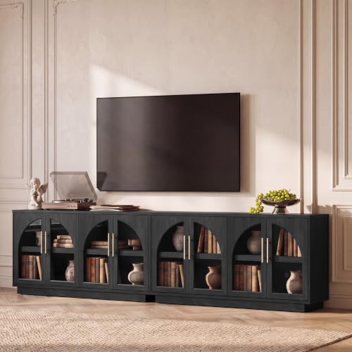 Fatmok Sideboard Buffet Cabinet with Storage Set of 2, 59” Modern Accent Cabinet with Glass Doors, Large Wood Arched Credenza Storage with Adjustable Shelves for Dining Room Entryway(Black Grey) - color: Bb-black Grey