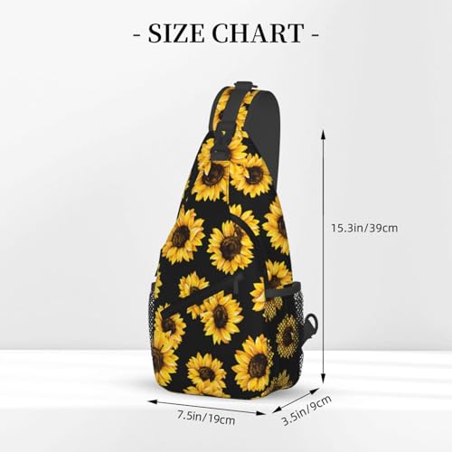 Sunflower Crossbody Sling Bag for Women Men Cute Yellow Flowers on Black Background Travel Sling Backpack Casual Chest Shoulder Bag Lovely Summer Floral Print Gym Sports Hiking Daypack - color: Yellow Black