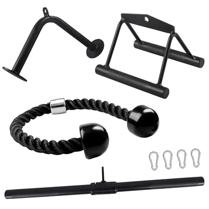 Fitvids Cable Attachment Set 800LB LoadCapacity Tricep Rope, Row Handle, StraightBar, V Bar Commercial Grade Cable MachineAccessories for Home Gym Workouts - size: 5-Piece Set-Black