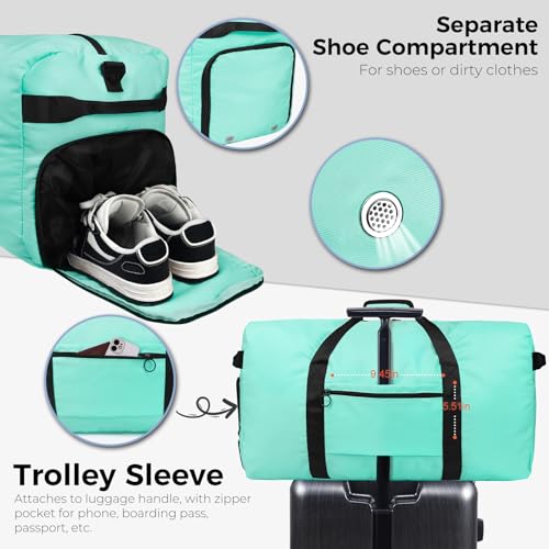 Fmeida 65L Duffle Bag with Shoes Compartment, Foldable Travel Duffel Bags for Men Women, Large Packable Travel Bag Water Repellent & Tear Resistant (Mint Green) - color: Glossy Mint Green