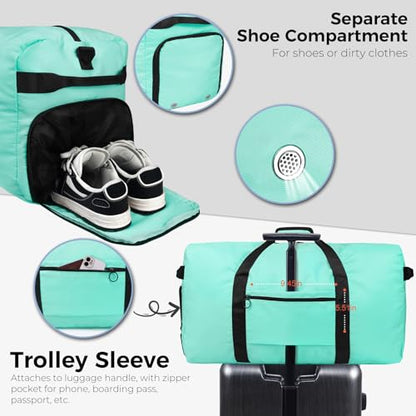 Fmeida 65L Duffle Bag with Shoes Compartment, Foldable Travel Duffel Bags for Men Women, Large Packable Travel Bag Water Repellent & Tear Resistant (Mint Green) - color: Glossy Mint Green