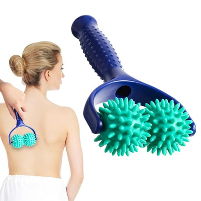 Spiky Massage Balls Rollers with Dual Ball Design, Manual Massage Stick | Lightweight and Portable Point Muscle Massages Tool with Ergonomic Handle, Pain Relief for Back Neck Shoulder Leg - color: Green