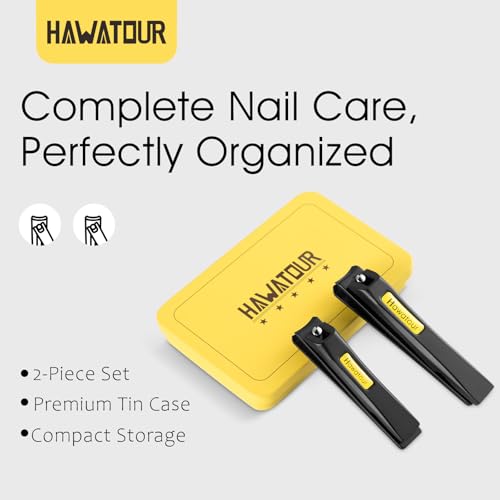 HAWATOUR Nail Clippers Set, Curved Stainless Steel Blade, Black | Professional Fingernail & Toenail Clippers, Compact Tin Case
