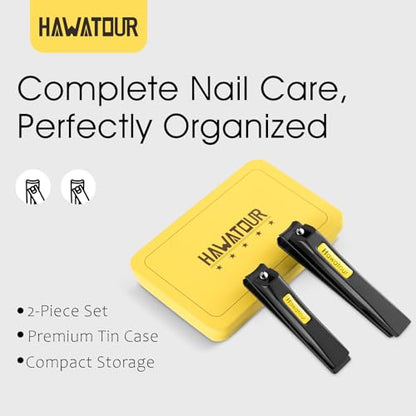 HAWATOUR Nail Clippers Set, Curved Stainless Steel Blade, Black | Professional Fingernail & Toenail Clippers, Compact Tin Case