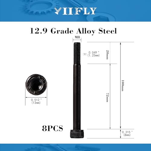 M8-1.25 x 100mm Socket Head Cap Screws, M8 Bolts, 12.9 Grade Alloy Steel, Allen Socket Drive, Black Oxide Finish, Half Thread, Quantity 8 - size: M8 x 100mm(8PCS)