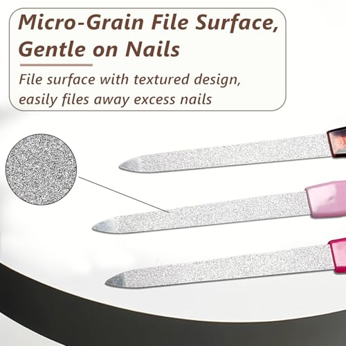 Metal Nail File Set (12 pcs) - Stainless Steel Nail Files for Natural Nails, Sword-Shaped Fingernail Files with Non-Slip Handle, Sharp Tip, and Sapphire Grit for Women and Men